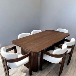 Modern Teak Wood <b>Dining</b> <b>Table</b> Set with <b>White</b> Upholstered Chairs Solid Back Design Durable Home Furniture - Product Image 1