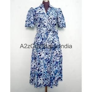 Robe midi trapèze en coton 100 % bio imprimée à la main pour femme, col en V, manches courtes, respirante et confortable pour le bureau - Product Image 1