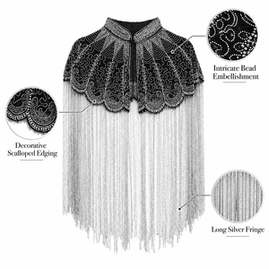 Cape à franges perlées en polyester noir et argent, faite à la main par Conifer, ornements complexes pour tenues de soirée, costumes de scène, mode - Product Image 6