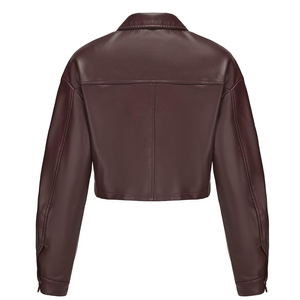 Chaqueta de Cuero Genuino para Mujer, Estilo Camionero, Cuello Camisero, Manga Larga, Cierre de Botones, Corte Corto, Estilo Otoñal - Product Image 3