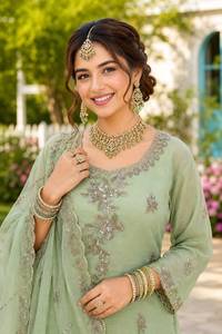 <b>Women</b>’s Rose Gold Beads Work <b>3</b>-<b>Piece</b> Ethnic <b>Suit</b> Set with Apple Cut Top, Matching Bottom and Designer Dupatta, Heavy Crepe Inner - Product Image 6