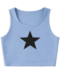 Conjunto de Top Corto Acanalado y Pantalones Cortos con Cordón para Mujer, Azul Cielo con Estrella Negra, Atuendo Casual de Dos Piezas para Descansar, Venta al por Mayor Personalizada - Product Image 2