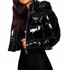 Winter Women Shiny Crop Hooded Puffer Jacket Solid Color <b>Bubble</b> <b>Coat</b> Thick Warm Zipper Down Jacket - Product Image 6