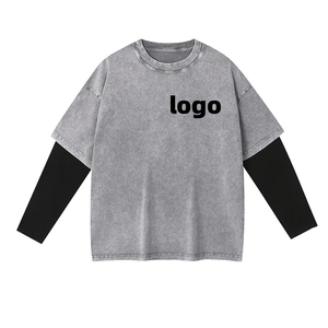 เสื้อยืดโอเวอร์ไซส์ผู้ชาย ผ้าฝ้ายฟอก คอโอ แขนยาว สีพื้น สไตล์ลำลองแนวสตรีท ผ้าเจอร์ซีย์สองชั้น - Product Image 4