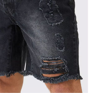 <b>Men's</b> Black Ripped Denim Bermuda <b>Shorts</b> Mid Waist Casual Style With Frayed Hem And Distressed <b>Patches</b> - Product Image 4