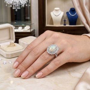 แหวนหมั้นหรูหราประดับเพชรทรงกลมแบบเฮโล แหวนโอปอลเวโล แหวนโอปอลเอธิโอเปียแท้ แหวนเงินแท้ 925 สำหรับผู้หญิง - Product Image 3
