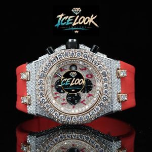 Reloj de cuarzo con cronógrafo, bisel de diamantes, correa roja, esfera dorada, moda de lujo - Product Image 1