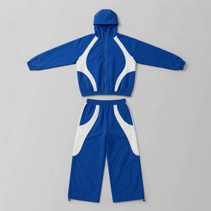 Ensemble de survêtement unisexe bleu et blanc à blocs de couleur, coupe-vent en nylon, à capuche, manches longues, fermeture éclair, style sportif, pour l'été, adulte - Product Image 4