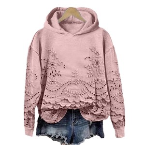 Sudadera con Capucha Floral en Relieve para Mujer, Tejida, Manga Larga, Casual, Otoño, Beige, Ajuste Regular, Mezcla de Algodón, Estilo Bohemio - Product Image 2
