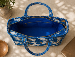 Blue <b>Tote</b> Bag with White Crane Pattern Bohemian Style Beach Bag <b>Zip</b> Closure All Seasons Use Quilted <b>Tote</b> Bag Jaipuri Pattern - Product Image 4