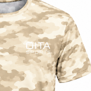 T-shirt camouflage beige pour homme, manches courtes, col rond, imprimé camouflage, léger, entraînement, fitness, course à pied, vêtements de sport - Product Image 4