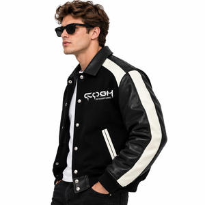 Chaqueta Varsity para Hombre, Color Negro con Bloques de Color, Mangas de Cuero Blanco, Botones a Presión, Estampado de Letras Hip Hop, Chaqueta de Invierno Clásica Universitaria - Product Image 3