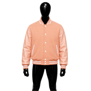 Veste universitaire en laine pêche pour homme, design minimaliste et épuré, coupe contemporaine, look athlétique, design emblématique, ton pêche doux, finition lisse - Product Image 1