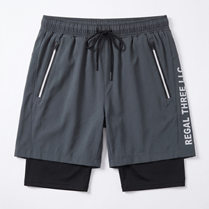 Custom Logo Print Double <b>Layer</b> Shorts Men Gym Eco-Friendly Drawstring Short Sports Compression 2 In 1 Short Pant Zipper Pockets - Product Image 2