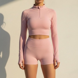 Pastel Pink Solid Two Piece Spandex/Nylon Quick Dry Activewear Set <b>Lace</b>/Belt Crop Top <b>Elastic</b> Waist Low Waist Fitted Shorts Yoga - Product Image 1