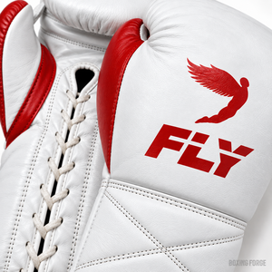 Gants de boxe en cuir Fly, gants d'entraînement lacés pour adultes, blancs avec accents rouges, design léger - Product Image 3