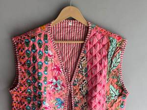 Gilet matelassé en coton rose à motifs floraux pour femme, réversible, avec poches plaquées, col en V, sans manches, style printemps, CADEAU POUR ELLE - Product Image 4