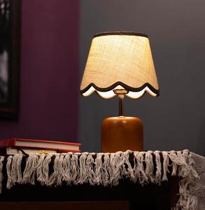 Midcentury Wood <b>Table</b> Lamp With Beige Fabric Bell Shade LED Warm Light Switch Control Bedroom Decorative <b>Small</b> Size - Product Image 4