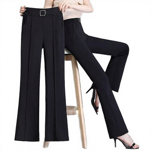 Women's High Waist Straight Solid Black Crepe Elastic Waist Pleated Office Elegant Trousers Full Length Anti-Wrinkle Anti-Static - Product Image 3