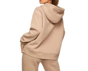 Women Plus Size Beige Cotton Tracksuit Set Hooded <b>Sweatshirt</b> Full Length Pants Side Pockets Casual Autumn Solid Color Loose Fit - Product Image 3