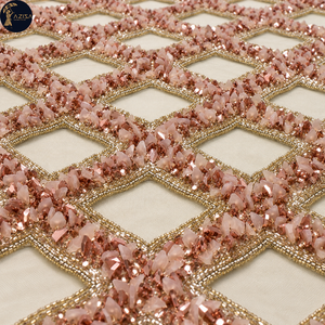 Blush Pearl Beaded Dress <b>Fabric</b> with Curved Diamond Lattice and Dimensional Floral Accents | Decorative Textile for Bridal Gowns - Product Image 1