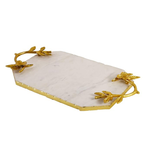 Bandeja de Servir de Mármol Blanco de Alta Calidad con Asas de Hoja de Latón Hechas a Mano, Elegante Plato Decorativo para el Hogar, Accesorio de Cocina - Product Image 3