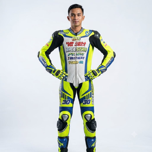 Combinaison de course premium Ramaha pour homme, 1 pièce, en cuir de vache véritable/cuir de kangourou, style MotoCP, combinaison de course sur circuit, niveau de protection 2 - Product Image 1