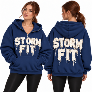 Sweat à capuche mi-zippé pour femme, couleur menthe, coupe Storm Fit, avec appliqué lettres, épaules tombantes, poche kangourou, en polaire décontractée, style streetwear, coupe-vent - Product Image 6