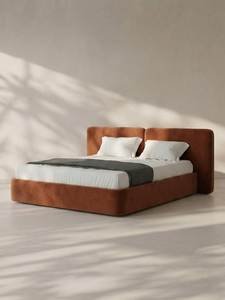 Luxury Solid Wood Fully Upholstered <b>Platform</b> <b>Bed</b> <b>Frame</b> Rounded Headboard Contemporary Bedroom Furniture for Hotel/Villa Projects - Product Image 1