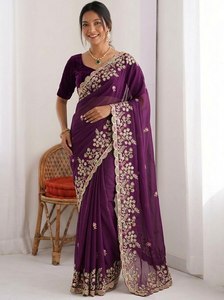 Sari de Diseñador con Bordado Floral Premium para Mujer, Sari de Lujo para Fiestas y Bodas con Blusa en Contraste, Venta al Por Mayor - Product Image 1