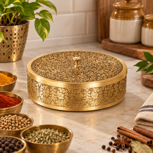 Boîte à épices ronde en laiton gravé antique avec bande latérale ornée de motifs floraux pour la cuisine, vente en gros, exportation - Product Image 3