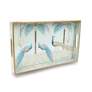 Plateau de service en bois de Sheesham avec motif de paon sculpté à la main - Vente en gros - Product Image 1