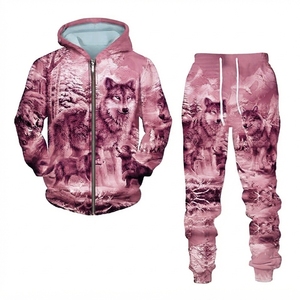 Survêtement unisexe à imprimé loup, à capuche, manches longues, fermeture éclair, vêtement décontracté d'hiver, coupe régulière, poches latérales, 100% polyester - Product Image 4