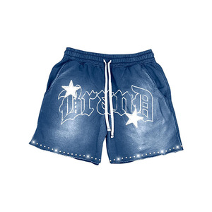 Shorts noirs délavés pour femmes, en mélange de coton épais, style vintage, avec détails graphiques et strass, logo personnalisé - Product Image 5