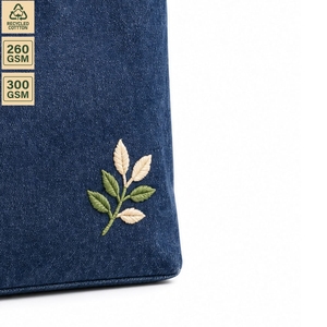 Custom Recycled Washed Denim <b>Mini</b> Tote Bag Floral Embroidery Inner Pocket Cotton Handles Wholesale Manufacturer 32x34x8cm Blue - Product Image 5