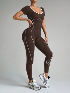 Brown Seamless Mid Waist Yoga <b>Jumpsuit</b> with Side Stripe Sleeveless Breathable Simple Sport Wear Full Length Four-Way Stretch - Product Image 4
