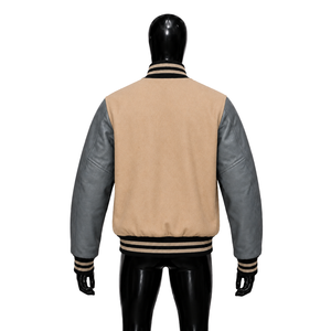 Veste universitaire en laine beige de qualité export, avec manches en cuir, col rabattu, coupe classique, pour la production en gros, par fabricant et fournisseur - Product Image 2