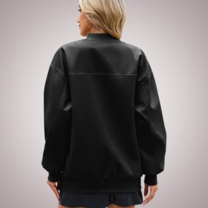 <b>Women</b>’s Oversized Faux Leather Bomber <b>Jacket</b>, Loose-Fit <b>Zip</b>-<b>Up</b> <b>Jacket</b>, Casual Fall Fashion Outerwear for Everyday Wear - Product Image 6