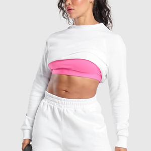 Sudadera Corta para Mujer, Manga Larga, Cuello Redondo, para Fitness, Entrenamiento, Yoga, Ropa Deportiva Informal, Blanca - Product Image 3