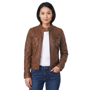 Men's <b>Brown</b> Genuine <b>Leather</b> Moto <b>Jacket</b> Stand Collar Zipper Closure Slim Fit Autumn Wear - Product Image 2