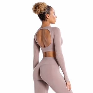 Haut de yoga court à manches longues pour femme, col rond, couleur unie, sans couture, respirant, extensible, taille haute - Product Image 3