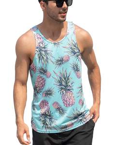 Camiseta sin mangas de punto con estampado de piña azul claro para hombre, cuello redondo, informal, transpirable, para verano y entrenamiento - Product Image 1