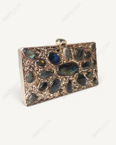 Natural Brass <b>Clutch</b> Chains | Handmade Cabochon Minaudiere | Classic Luxury Casual Fashion Bridal Wedding Evening <b>Bag</b> <b>Velvet</b> - Product Image 3