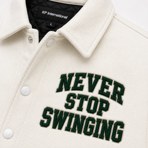 Men's White Varsity Jacket Breathable Stand Collar 100% Cotton <b>Covered</b> <b>Button</b> Closure Embroidered Never Stop Swinging Preppy - Product Image 4