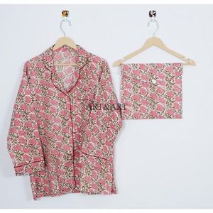 Conjunto de Pijama de Algodón Hecho a Mano en India para Mujer, Estampado Floral, Transpirable, Suave, de Secado Rápido, Cómodo, de Manga Larga - Product Image 2