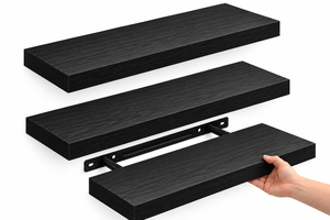 Ensemble de 3 étagères murales flottantes noires, présentoir en bois moderne avec supports cachés pour le salon - Product Image 1