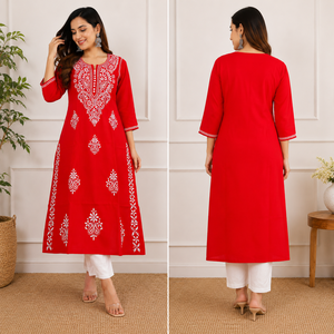 Kurti indien tendance en georgette Chikankari – Robe longue ethnique rouge à motifs paisley et broderies florales pour femmes - Product Image 4