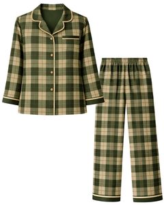 Ensemble de pyjama pour femmes en coton doux à carreaux vert olive, manches longues, boutonné, vêtements de nuit, ensemble de deux pièces, ensemble confortable pour se détendre - Product Image 1