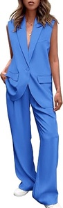 Women's Sleeveless <b>Blazer</b> <b>Set</b> Loose Fit Wide Leg Pants Two Piece Suit Casual Spring Summer Solid Color Woven Fabric - Product Image 2