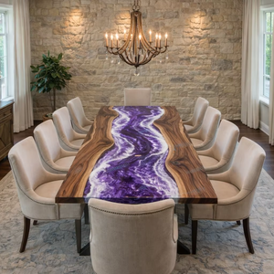 โต๊ะรับประทานอาหารเรซิ่นอีพ็อกซี่ลายคลื่นทะเลสีม่วง งานแฮนด์เมดสุดหรู แผ่นเคาน์เตอร์ครัวทันสมัย เคาน์เตอร์บาร์ ตกแต่งภายในห้องนั่งเล่นอย่างมีระดับ - Product Image 1